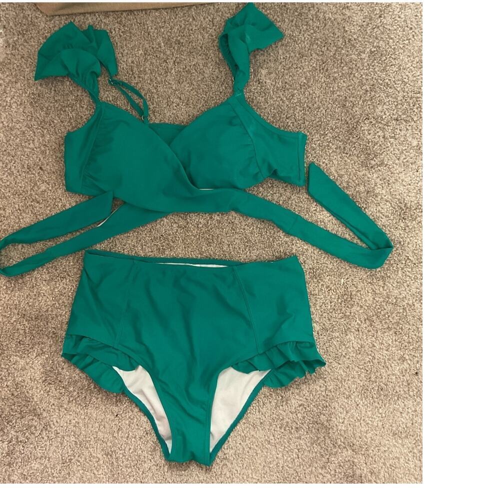 Shekini Women's Cross Wrap Ruffle Hight Waisted Green Bikini, L - Picture 2 of 6